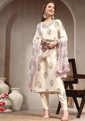 Off White Printed Blended Kurta Set