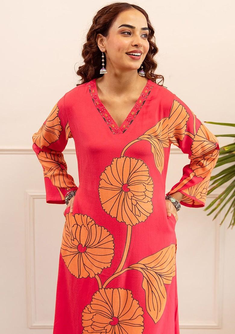 Red Printed Blended Kurta Set - Indya