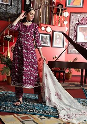 Burgundy Printed Blended Kurta Set
