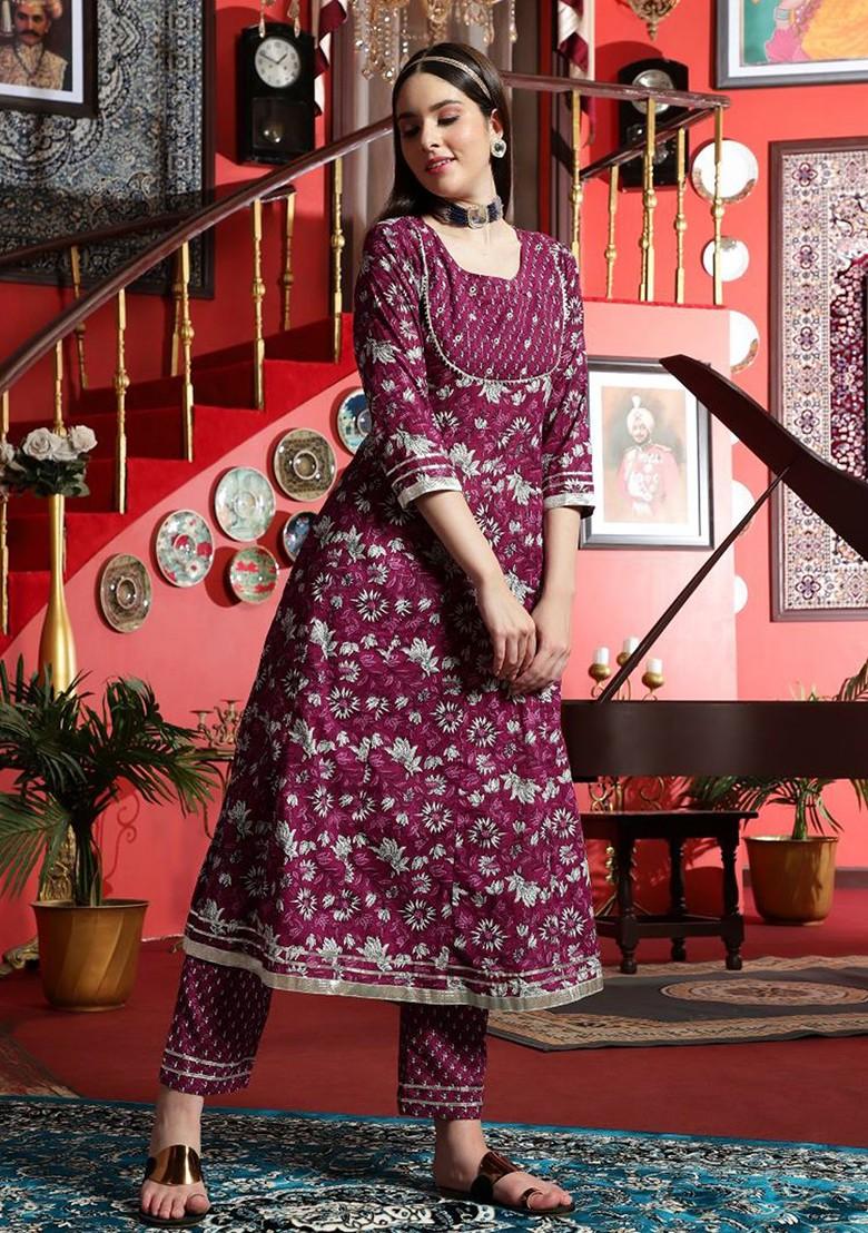Burgundy Printed Blended Kurta Set - Indya