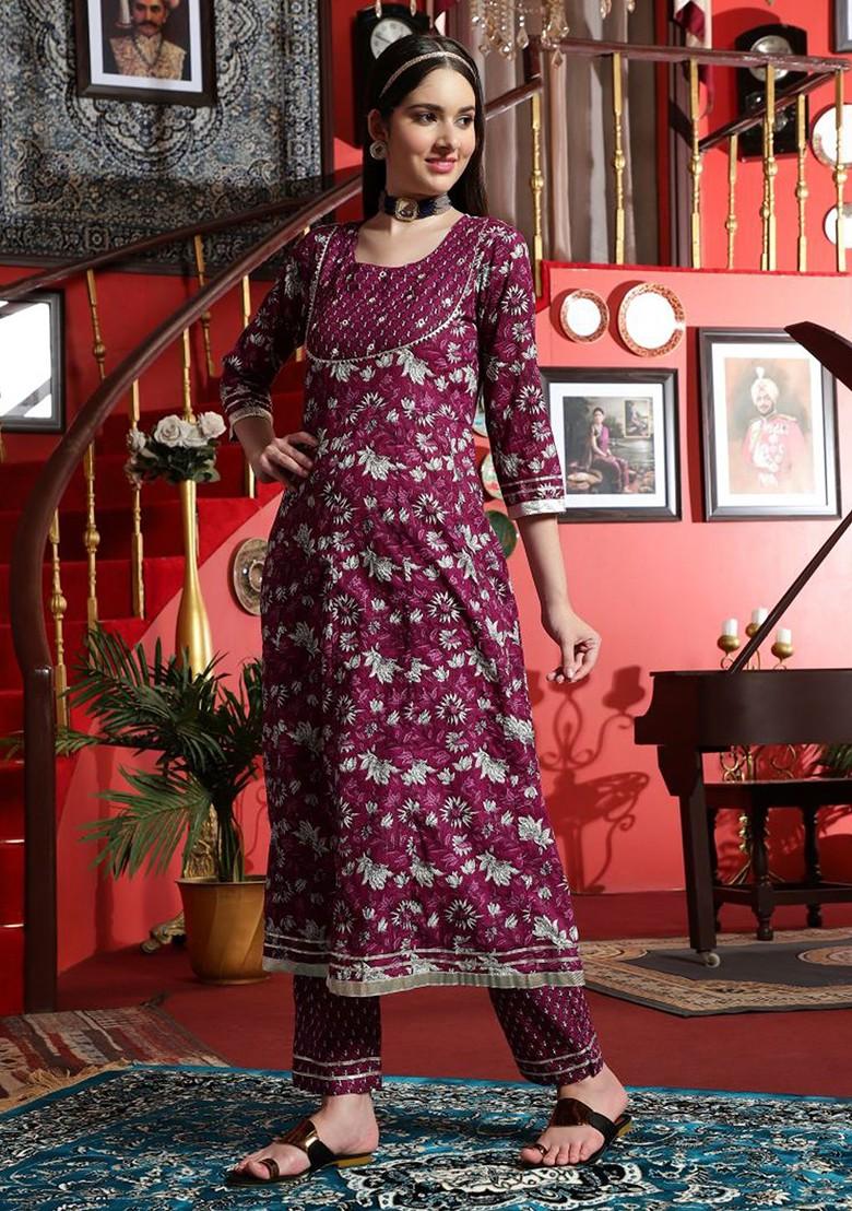 Burgundy Printed Blended Kurta Set - Indya