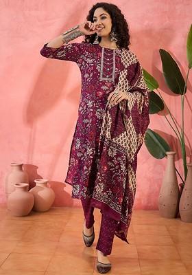 Burgundy Printed Blended Kurta Set