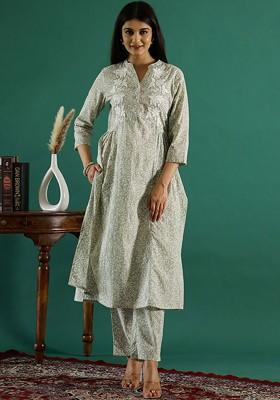 Sea Green Printed Blended Kurta Set
