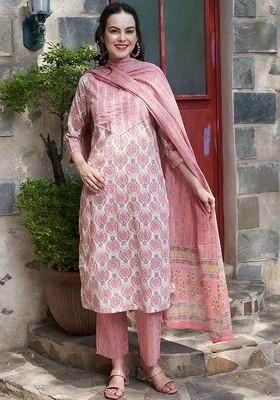 Peach Printed Blended Kurta Set
