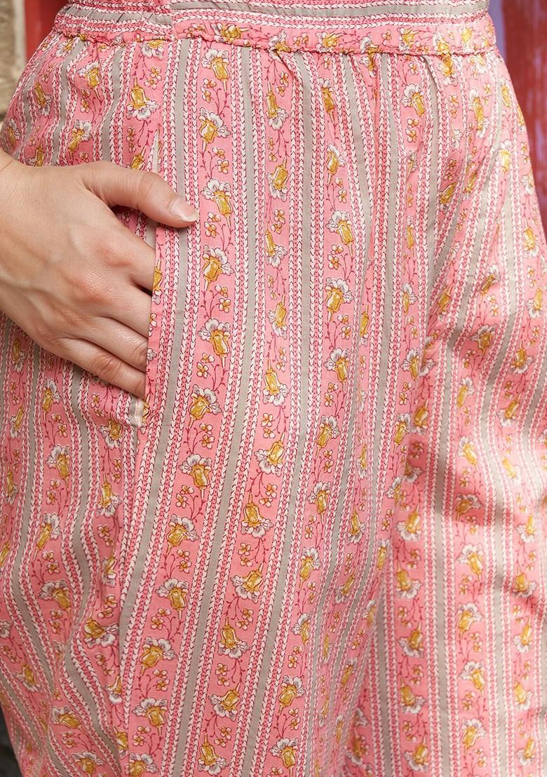 Peach Printed Blended Kurta Set - Indya