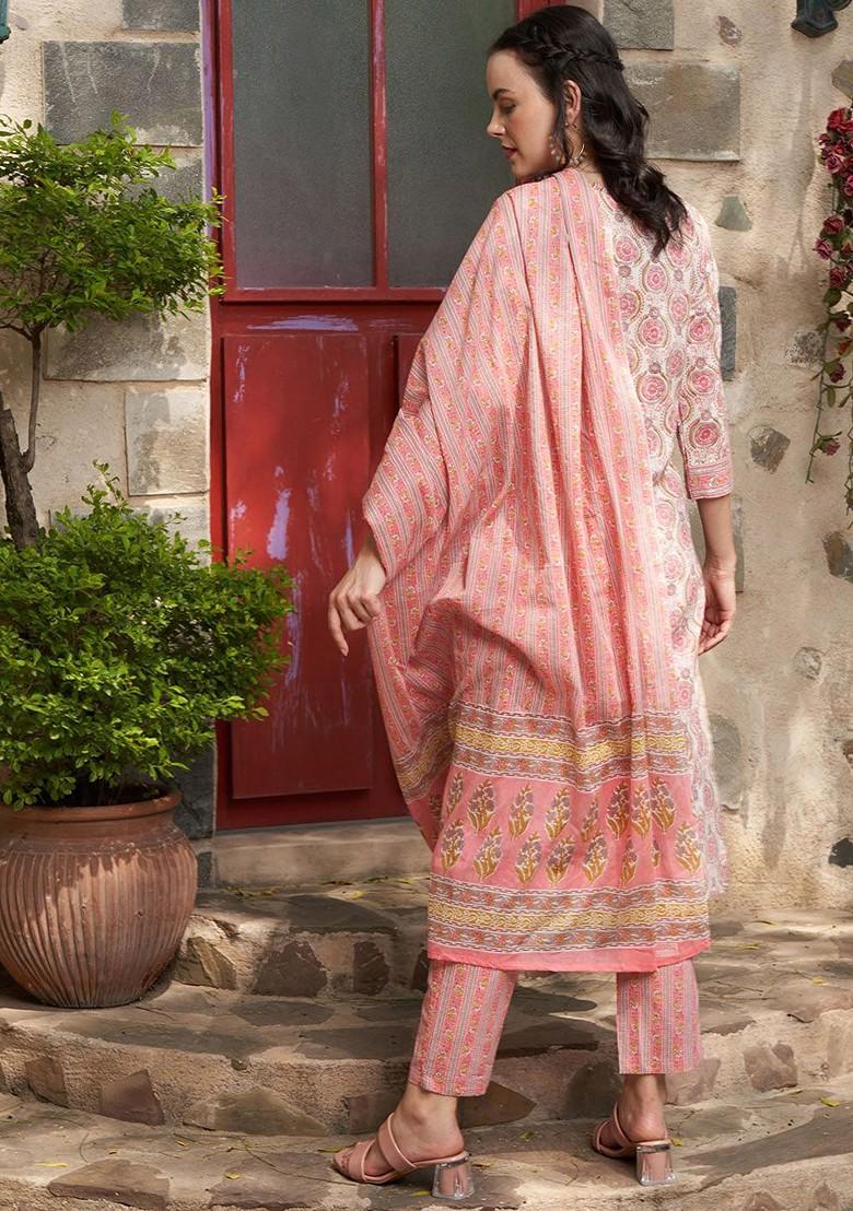 Peach Printed Blended Kurta Set - Indya