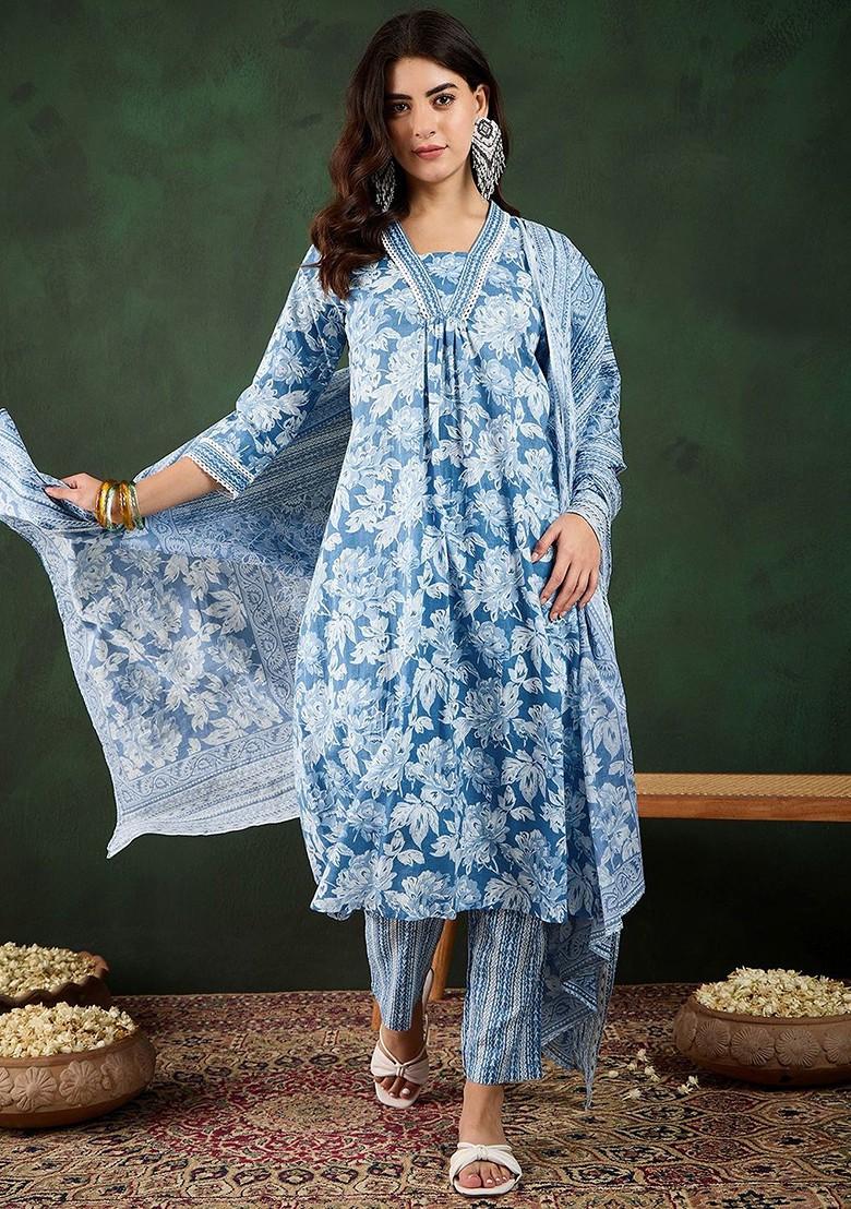 Red Embroidered Blended Kurta Set - Indya