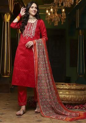 Red Embroidered Blended Kurta Set