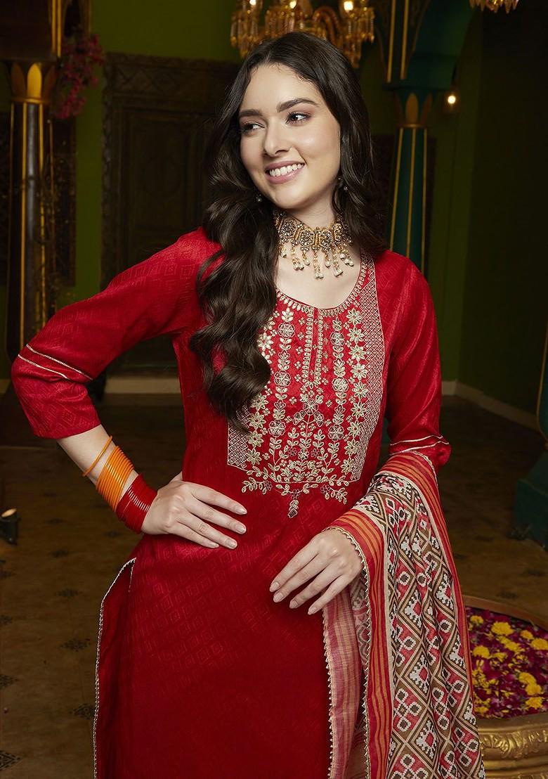 Red Embroidered Blended Kurta Set - Indya