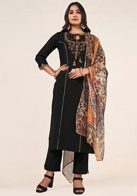 Black Embroidered Blended Kurta Set