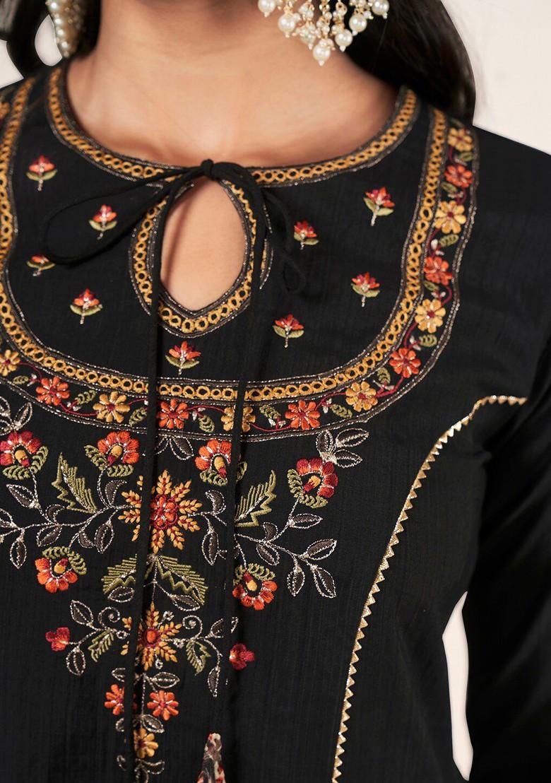 Black Embroidered Blended Kurta Set - Indya