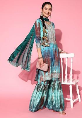 Turquoise Blue Embroidered Blended Kurta Set