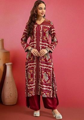 Maroon Printed Blended Kurta Set