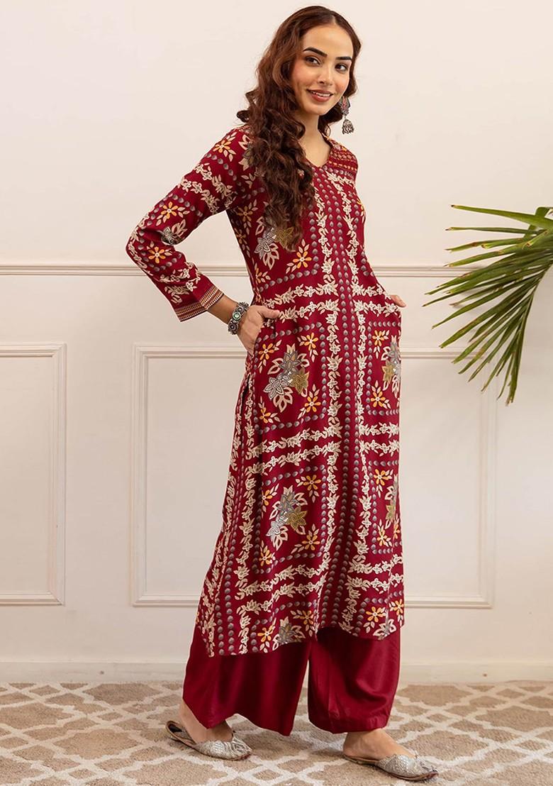 Maroon Printed Blended Kurta Set - Indya