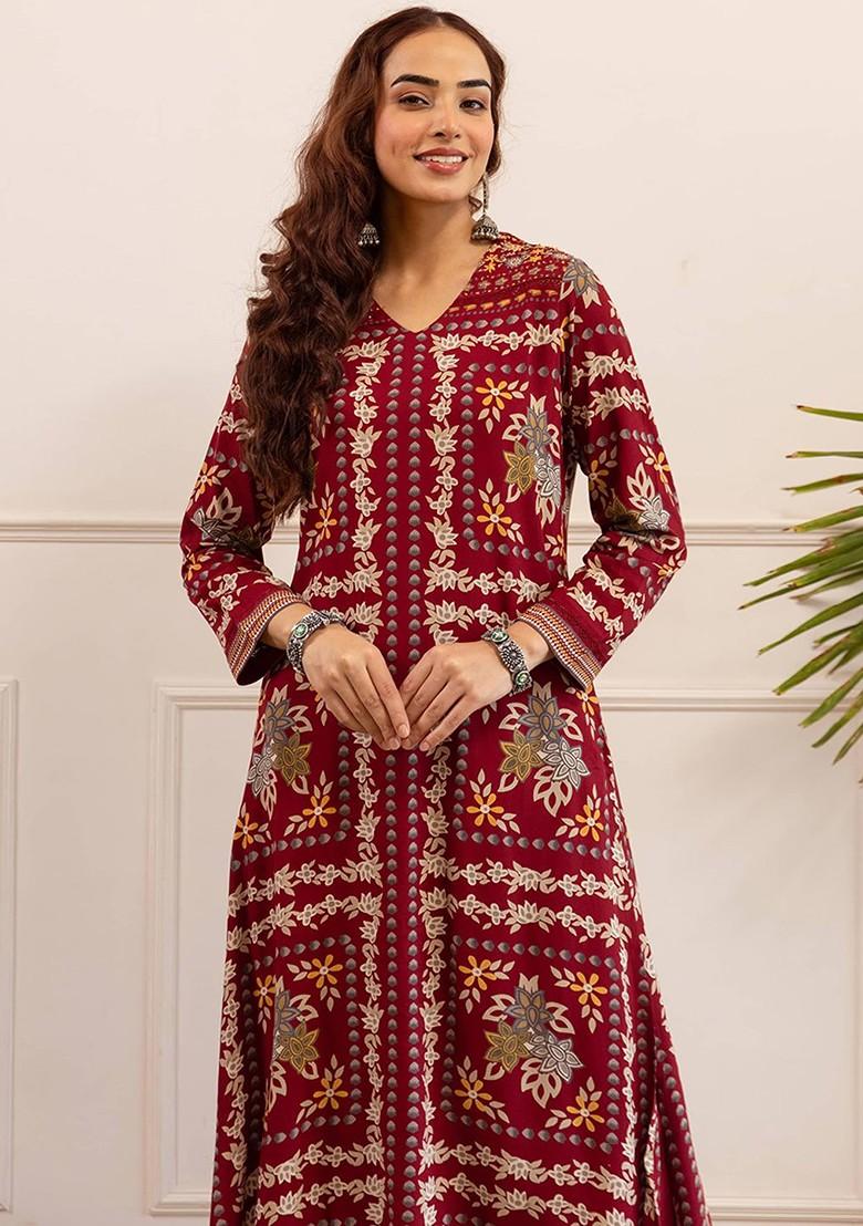 Maroon Printed Blended Kurta Set - Indya