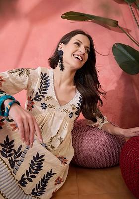 White Embroidered Blended Kurta Set