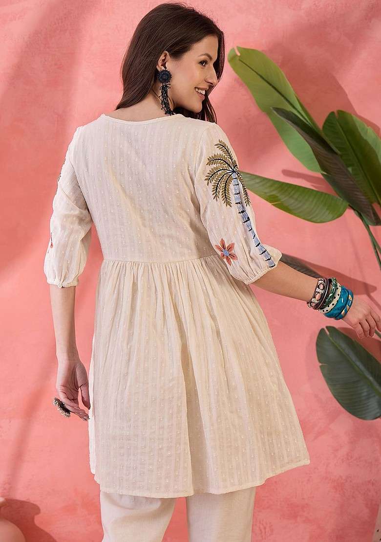 White Embroidered Blended Kurta Set - Indya
