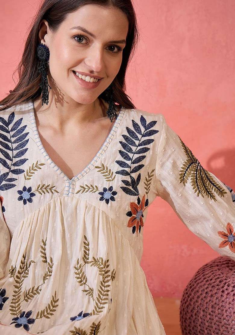 White Embroidered Blended Kurta Set - Indya
