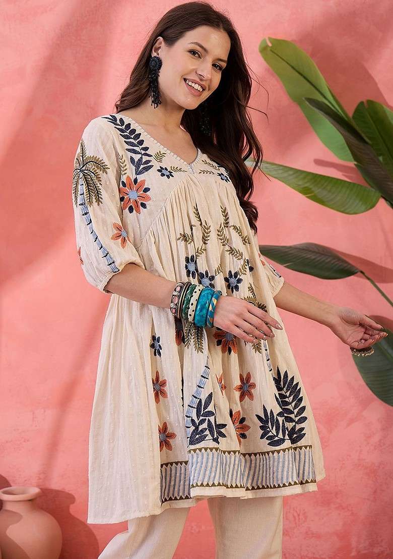 White Embroidered Blended Kurta Set - Indya