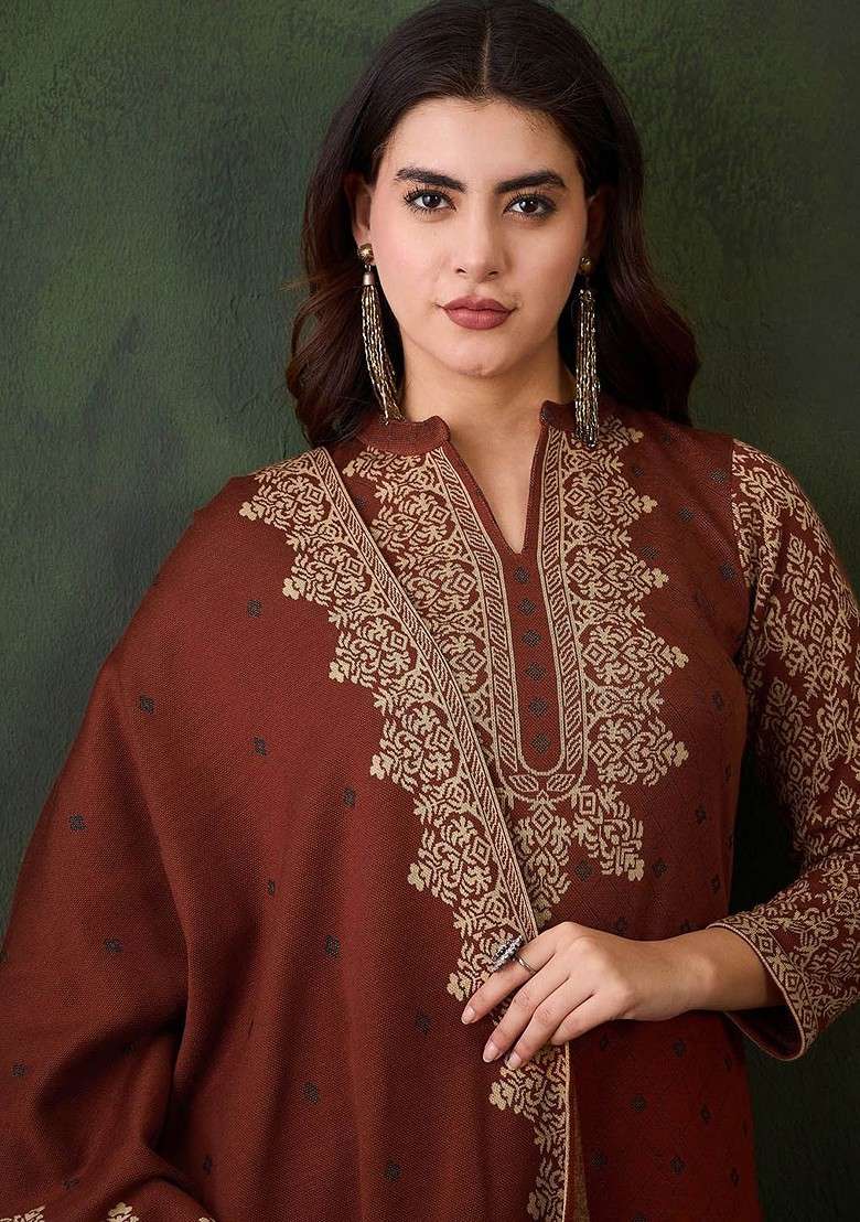 Rust Woven Design Blended Kurta Set - Indya