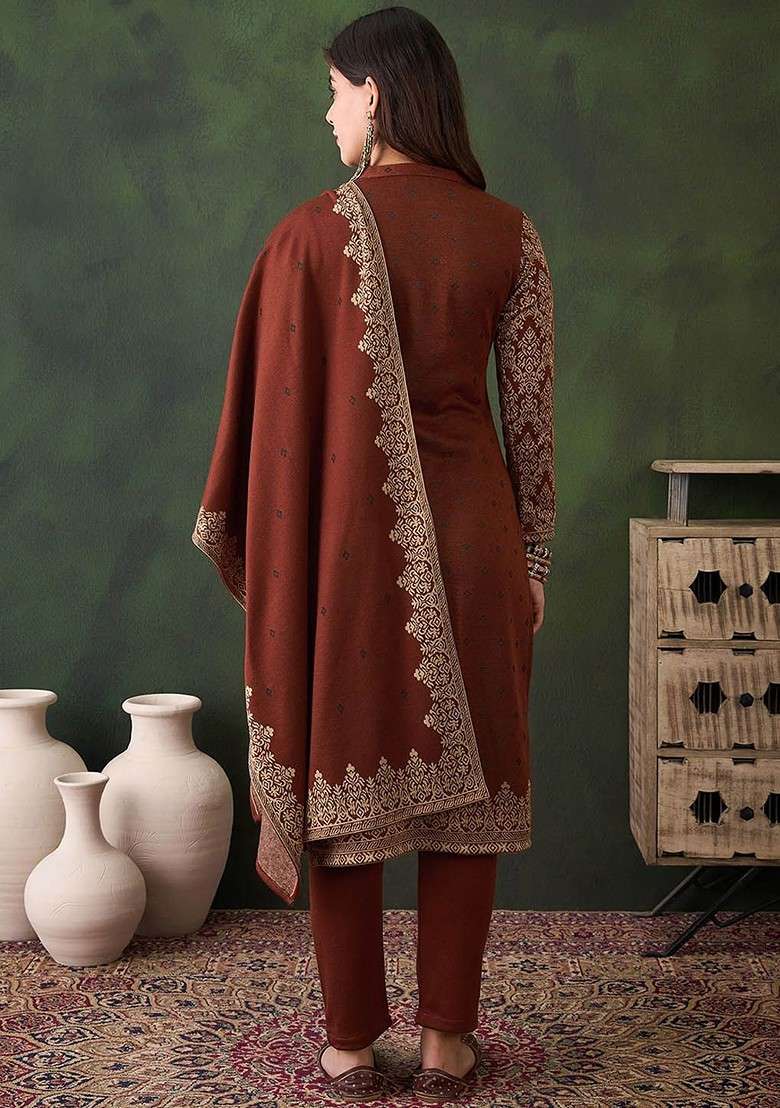 Rust Woven Design Blended Kurta Set - Indya
