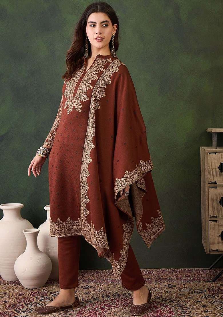 Rust Woven Design Blended Kurta Set - Indya