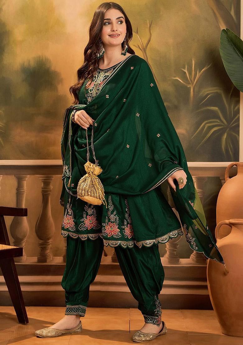 Green Embroidered Blended Kurta Set - Indya