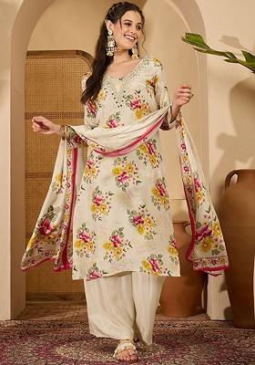 Cream Printed Blended Kurta Set