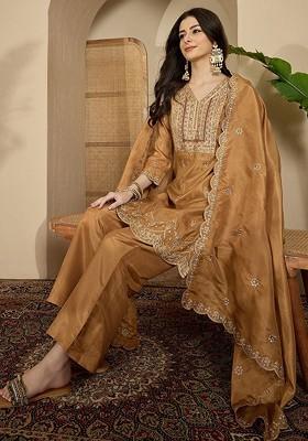 Brown Embroidered Blended Kurta Set