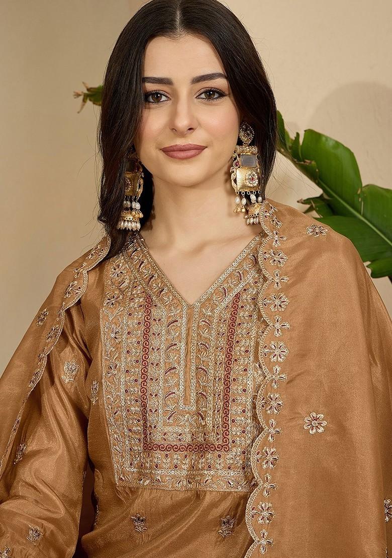 Brown Embroidered Blended Kurta Set - Indya