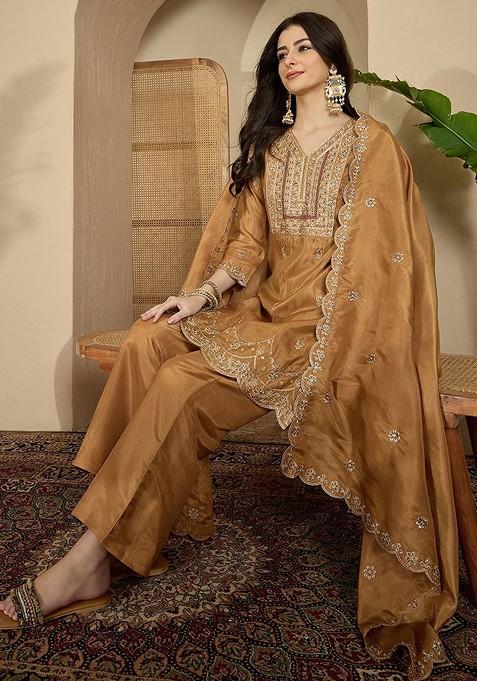 Brown Embroidered Blended Kurta Set