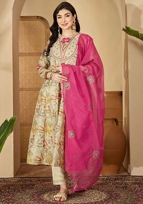 Off White Printed Blended Kurta Set