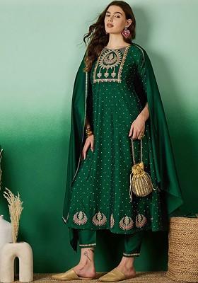 Green Embroidered Blended Kurta Set