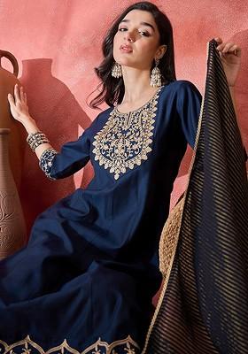 Navy Blue Embroidered Blended Kurta Set