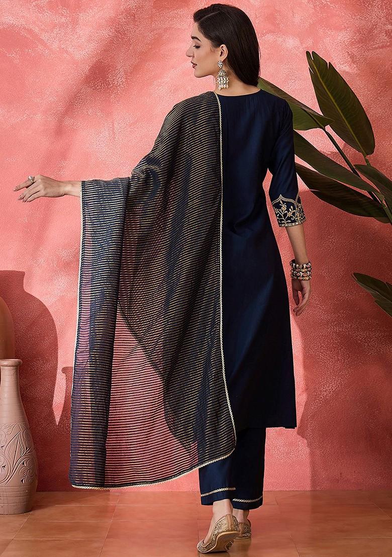 Navy Blue Embroidered Blended Kurta Set - Indya