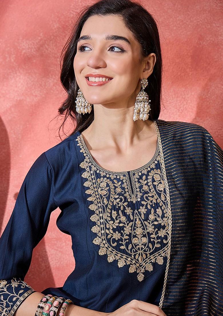 Navy Blue Embroidered Blended Kurta Set - Indya