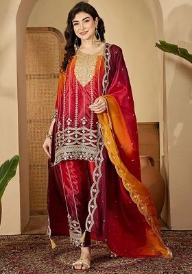 Red Embroidered Blended Kurta Set