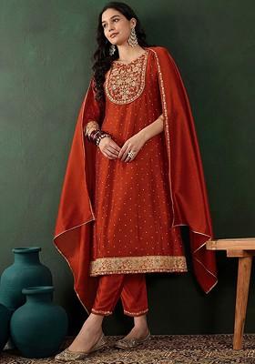 Orange Embroidered Blended Kurta Set