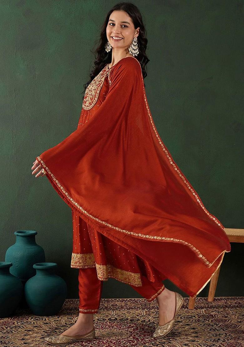 Orange Embroidered Blended Kurta Set - Indya