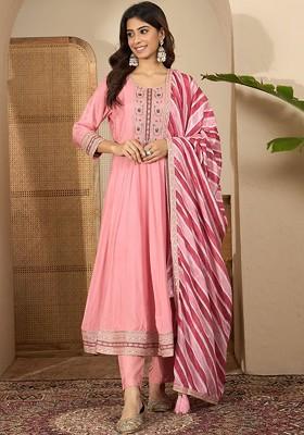 Pink Embroidered Blended Kurta Set