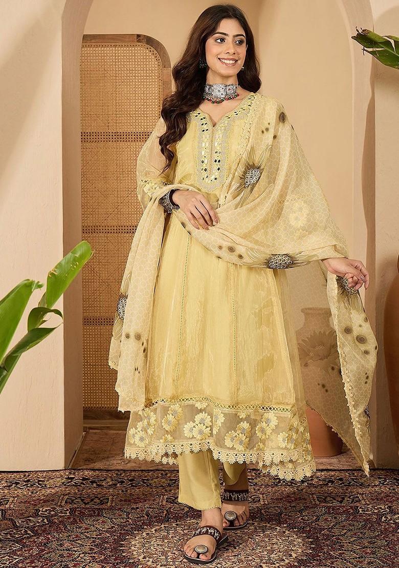Yellow Embroidered Blended Kurta Set - Indya