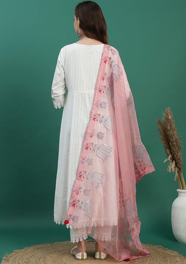 White Embroidered Blended Kurta Set - Indya