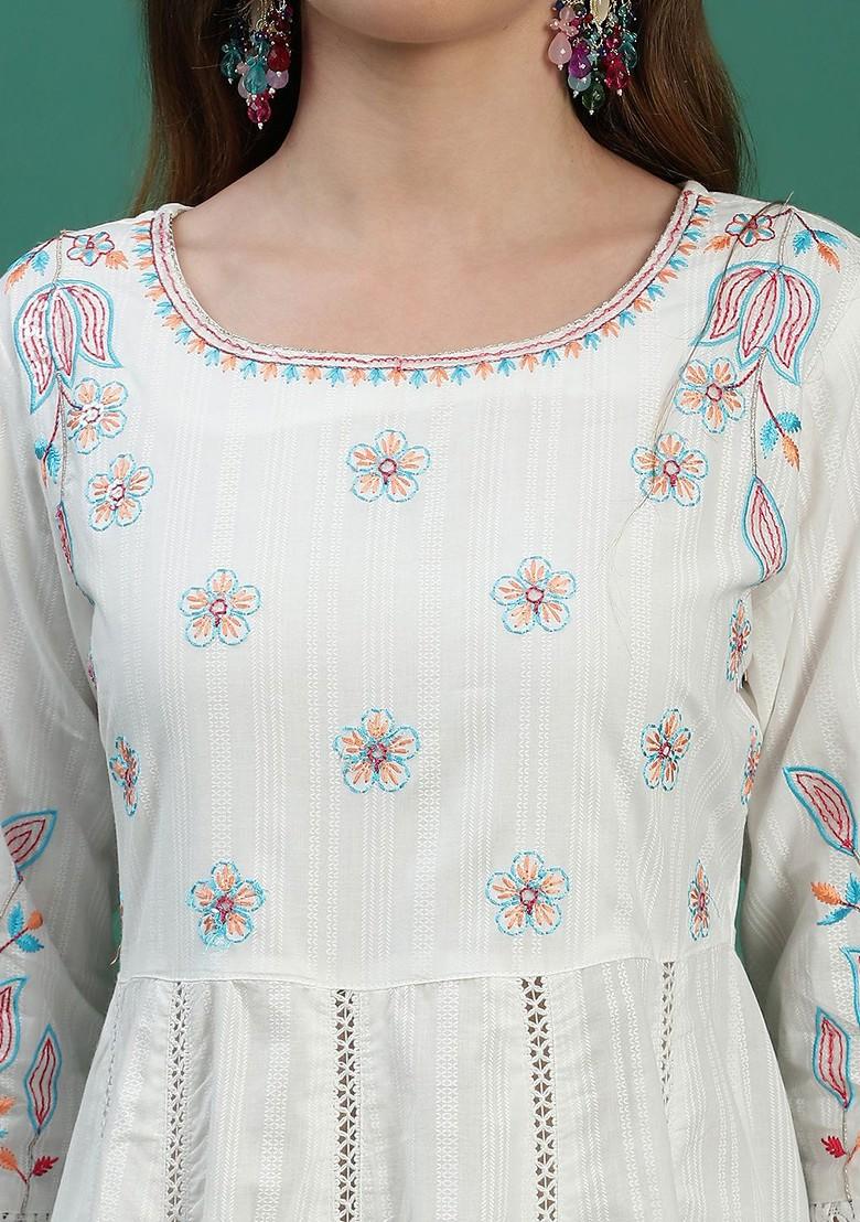 White Embroidered Blended Kurta Set - Indya