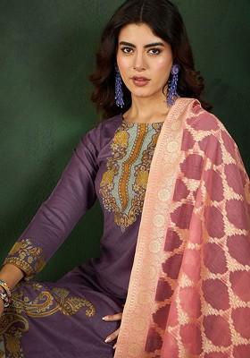 Lavender Woven Design Blended Kurta Set