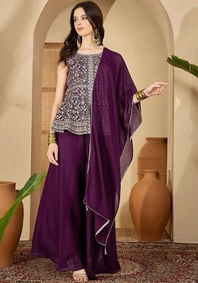 Purple Embroidered Blended Kurta Set