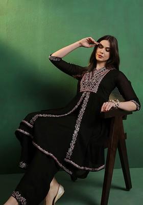 Black Embroidered Blended Kurta Set