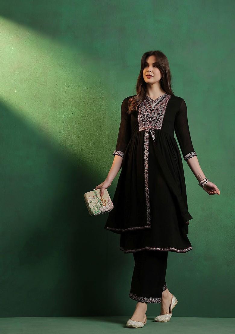 Black Embroidered Blended Kurta Set - Indya
