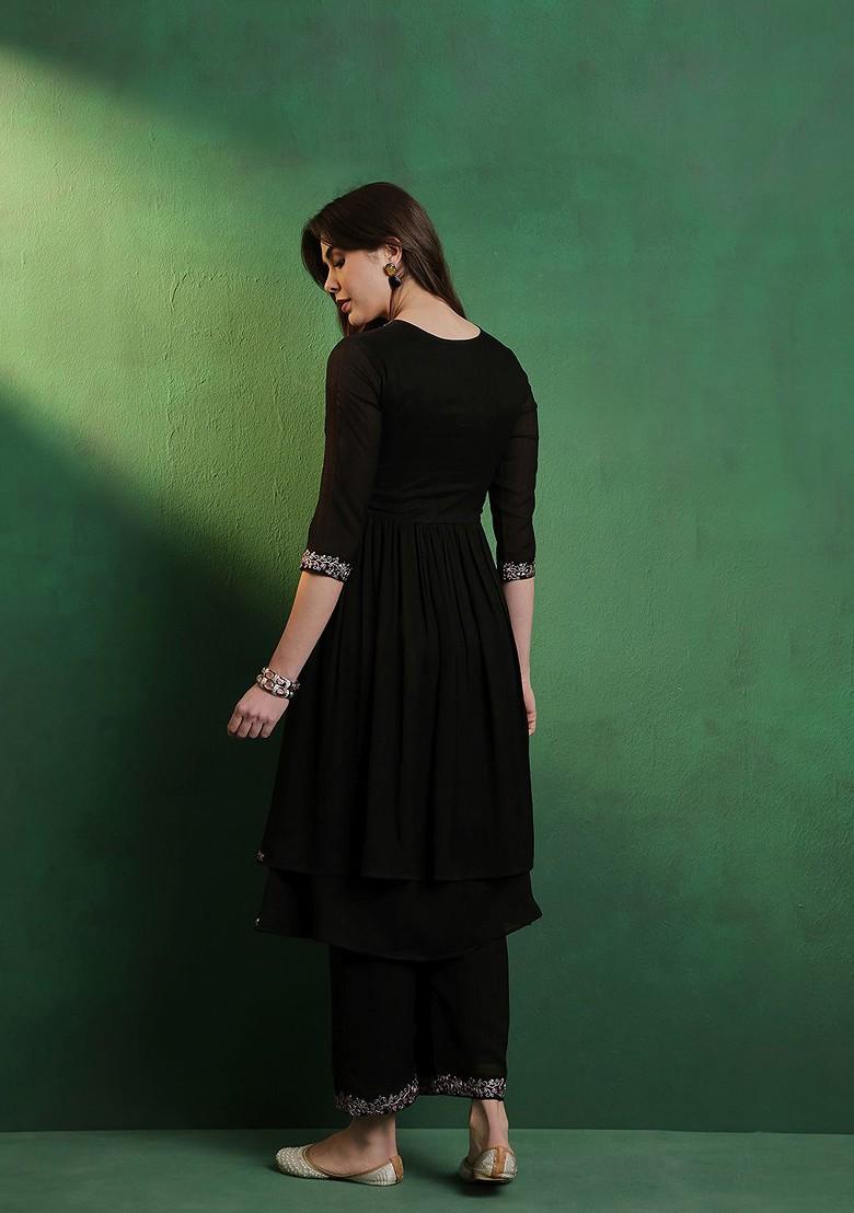 Black Embroidered Blended Kurta Set - Indya