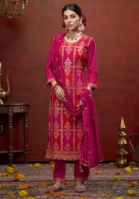 Pink Embroidered Blended Kurta Set