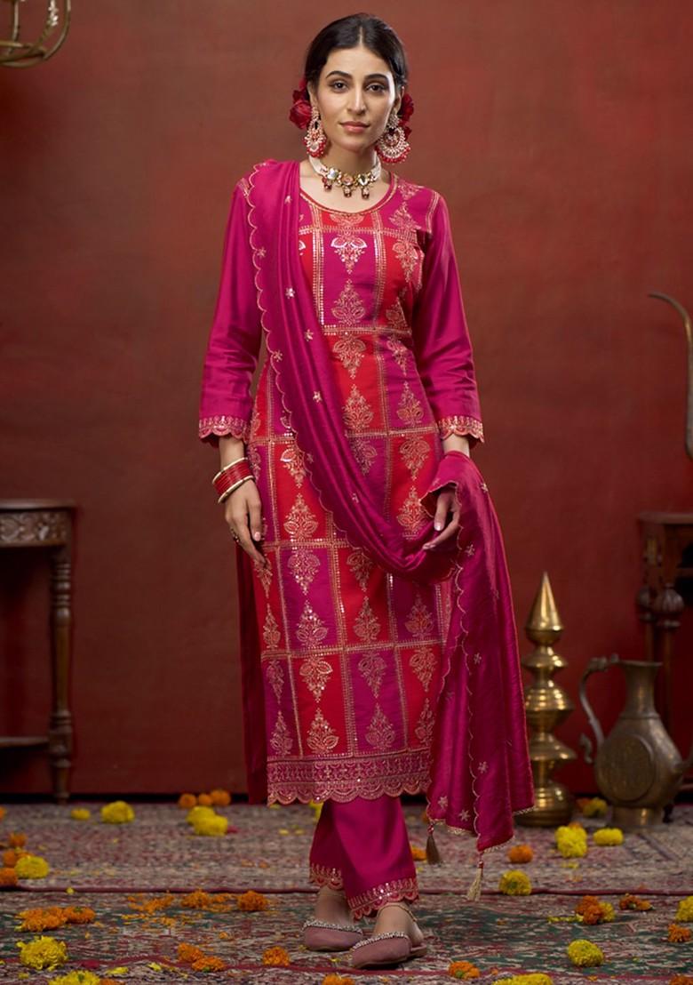 Pink Embroidered Blended Kurta Set - Indya